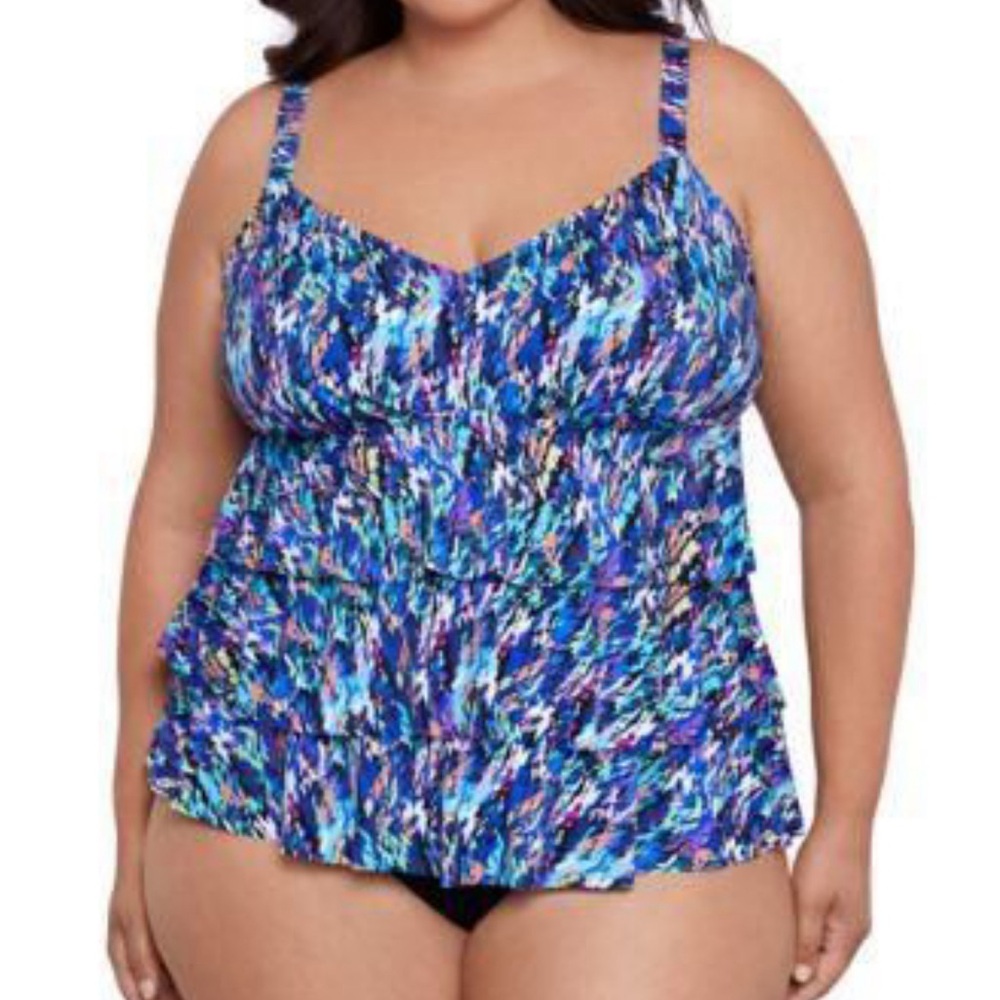 NWT Swim Solutions Women’s Plus Size Printed Tiered Fauxkini One-Piece Swimsuit